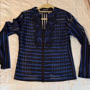 Dressy Black and Royal Blue Sheer Top with Floral Detail